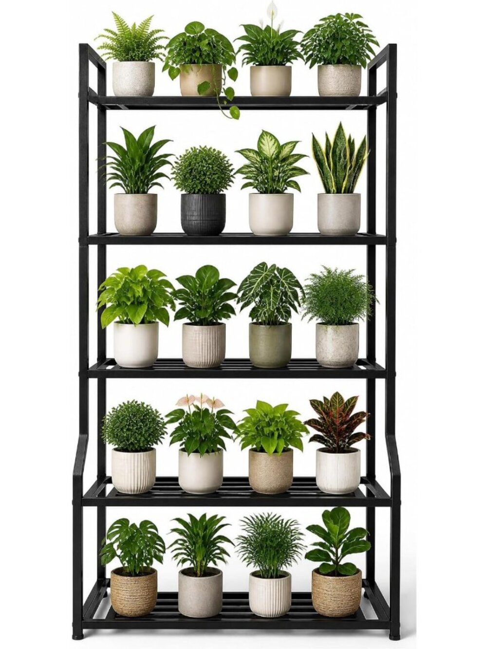 Heavy Duty 5-Tier Plant Stand for Indoor/Outdoor Use - Tall Black Shelf for Pots